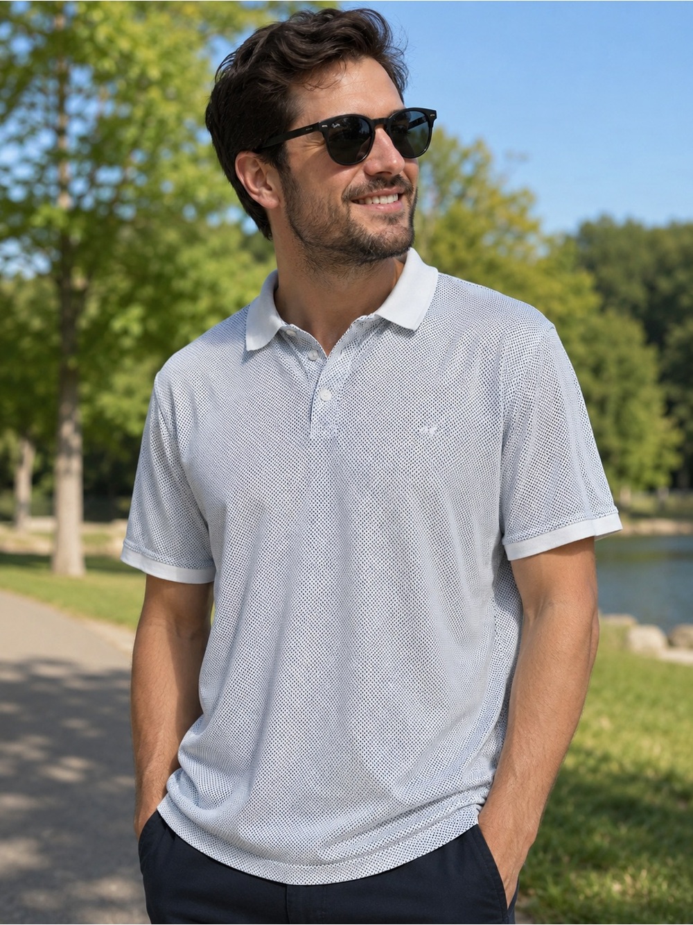 Michael Kors Men's XXL White & Navy Micro Dot Polo Shirt Short Sleeve